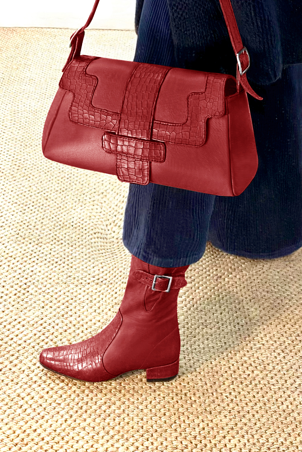Scarlet red women's ankle boots with buckles on the sides. Round toe. Low block heels. Top view - Florence KOOIJMAN